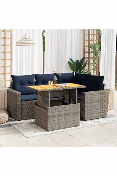 vidaxl Set canapea de gradina cu perne, 5 piese, gri, poliratan