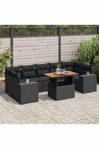 vidaxl Set mobilier de gradina cu perne, 8 piese, negru, poliratan
