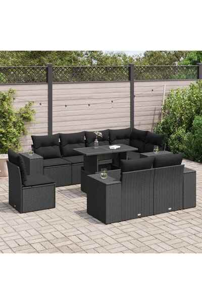 vidaxl Set mobilier de gradina cu perne, 9 piese, negru, poliratan