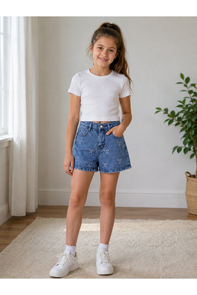 Bilge Trend Pantaloni scurți din denim pentru fete, cu broderie fundă