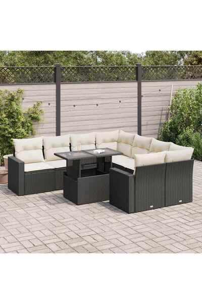 vidaxl Set mobilier de gradina cu perne, 9 piese, negru, poliratan