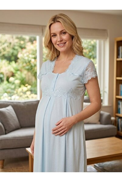 LOHOUSE Women's Blue Lace Maternity Nightgown with Breastfeeding Features