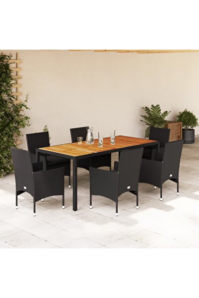 vidaxl Set mobilier gradina perne 7 piese negru poliratan/lemn acacia