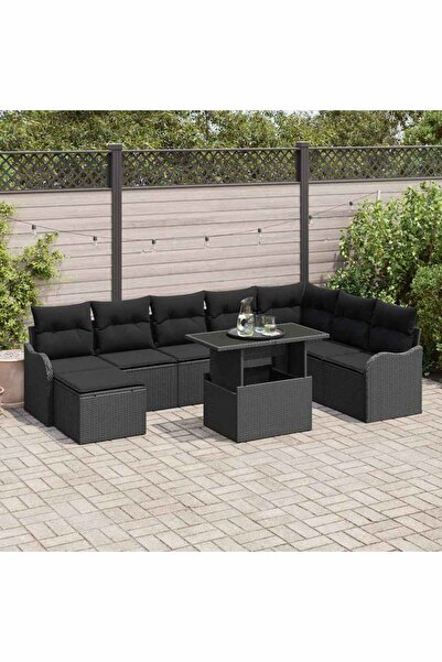 vidaxl Set de canapele pentru gradina cu perna 9 pcs Negru Rattan poli