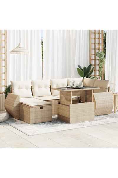 vidaxl Set canapele de gradina, 7 piese, cu perne, bej, poliratan
