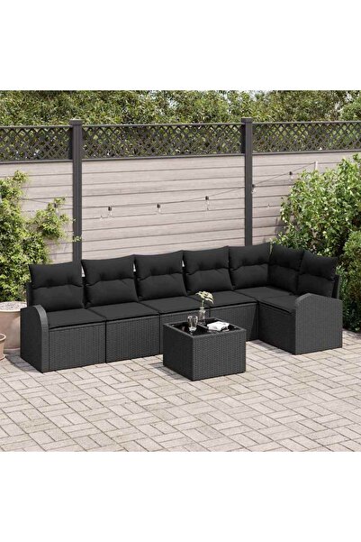 vidaxl Set de canapele pentru gradina cu perna 7 pcs Negru poliratan