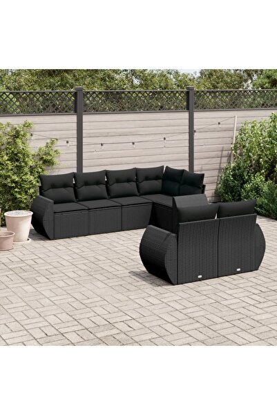 vidaxl Set canapele de gradina cu perne, 7 piese, negru, poliratan