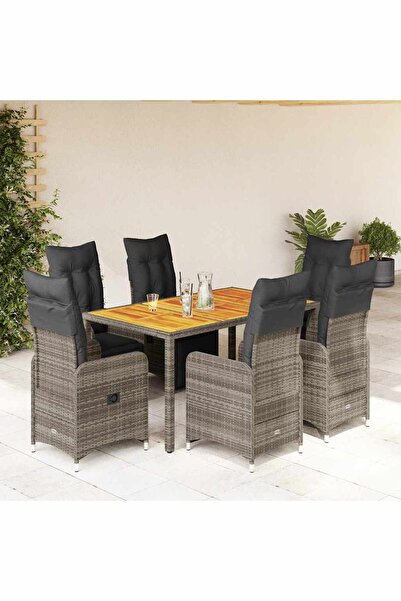 vidaxl Set bistro de gradina cu perne, 7 piese, gri, poliratan