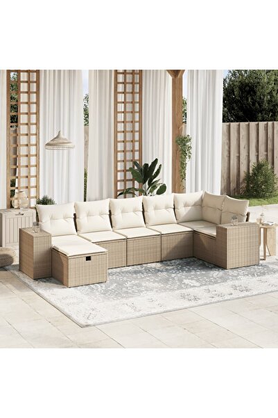 vidaxl Set canapele de gradina, 7 piese, cu perne, bej, poliratan