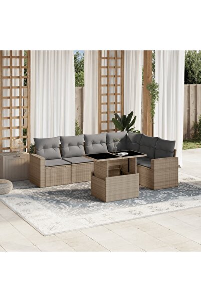 vidaxl Set canapele de gradina, 7 piese, cu perne, bej, poliratan