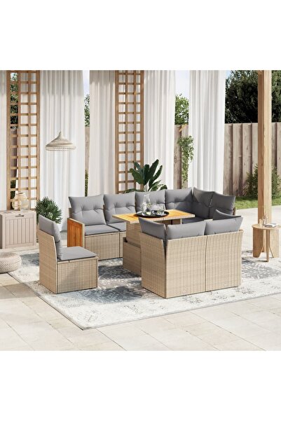vidaxl Set canapele de gradina, 9 piese, cu perne, bej, poliratan