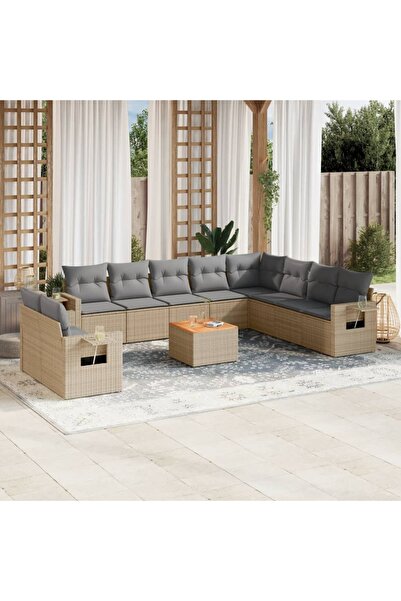 vidaxl Set canapele de gradina, 11 piese, cu perne, bej, poliratan