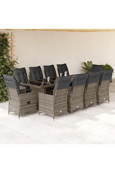 vidaxl Set bistro de gradina cu perne, 11 piese, gri, poliratan