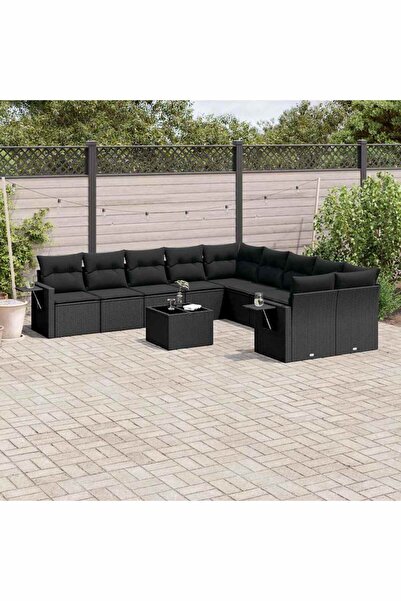 vidaxl Set canapele de gradina cu perne, 11 piese, negru, poliratan