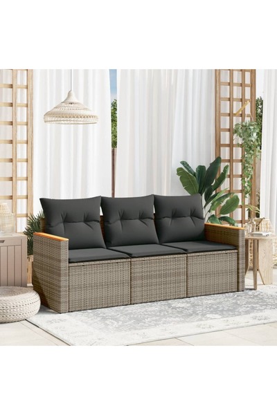 vidaxl Set canapea de gradina cu perne, 3 piese, gri, poliratan