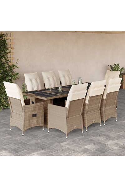 vidaxl Set bistro de gradina, 9 piese, cu perne, bej, poliratan