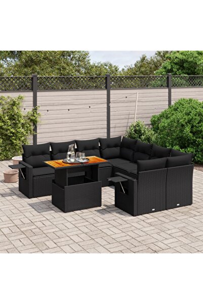 vidaxl Set mobilier de gradina cu perne, 9 piese, negru, poliratan