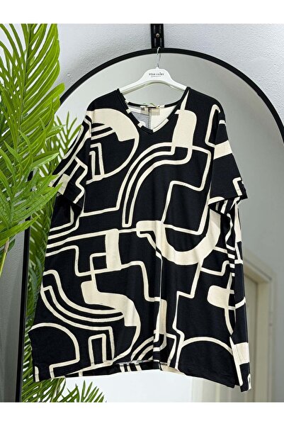 ÖZNE BUTİK Women's 100% cotton v-neck short sleeve patterned jersey tunic
