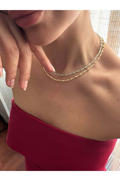 DGK COLLECTİON 14K gold renk,dorika detaylı ve mavi doğal taşlı 2'li kolye ko...