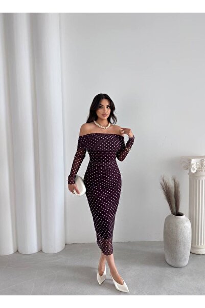 mafdress Kadın Straplez Yaka Mürdüm Midi Boy Puantiye Detay Abiye Elbise