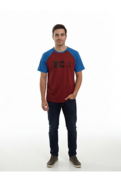 QualiTee Erkek Bordo Reglan Kol Tişört Mavi Kollu Baskılı Casual T-Shirt