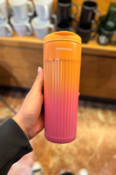 Starbucks Şeftali Pembesi Turuncu Renk Geçişli Paslanmaz Çelik Termos 473ml