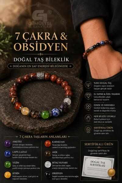 GÜMÜŞTEL EL SANATLARI Certified 7 Chakra & Obsidian Natural Stone Bracelet