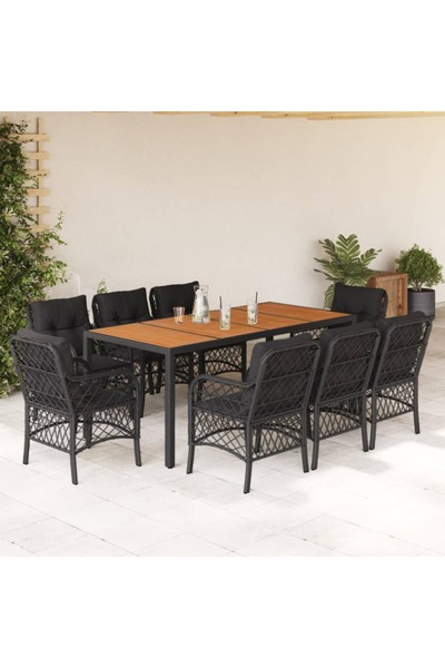 vidaxl Set mobilier de gradina cu perne, 9 piese, negru, poliratan