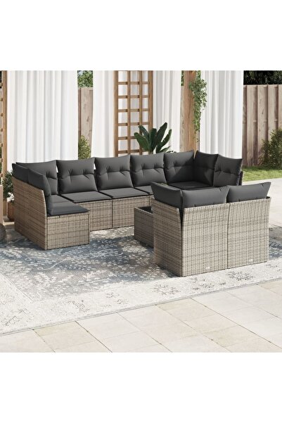 vidaxl Garden furniture set with cushions, 10 pieces, grey, polyrattan
