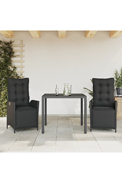 vidaxl Garden furniture set with cushions, 3 pieces, black, polyrattan