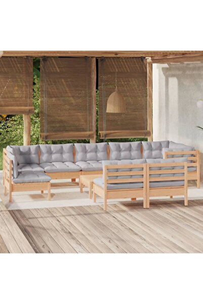 vidaxl Set mobilier gradina cu perne, 10 piese, gri, lemn masiv pin