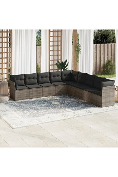 vidaxl Set canapele de gradina, 9 piese, cu perne, gri, poliratan
