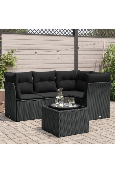 vidaxl Garden furniture set with cushions, 5 pieces, black, polyrattan