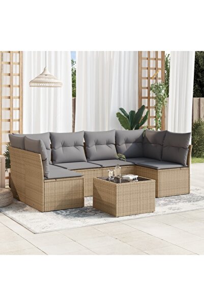 vidaxl Garden sofa set, 7 pieces, with cushions, beige, polyrattan