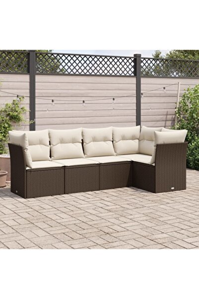 vidaxl Garden sofa set with cushions, 5 pieces, brown, polyrattan