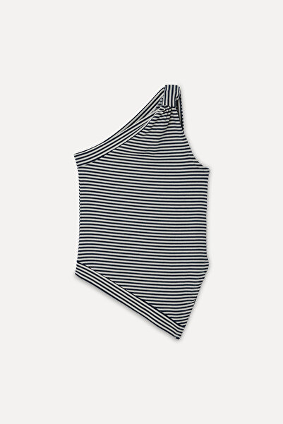Mudo Women's Navy Blue Fitted Striped Open Collar Sleeveless T-Shirt