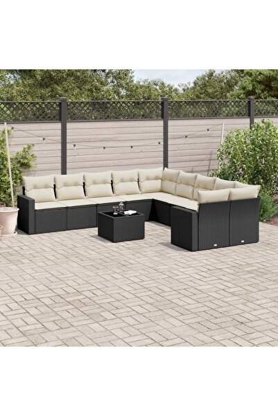 vidaxl Garden sofa set with cushions, 11 pieces, black, polyrattan