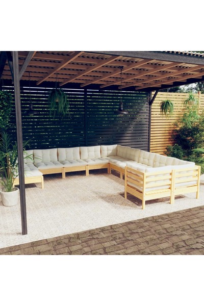 vidaxl Set mobilier gradina cu perne crem, 11 piese, lemn de pin