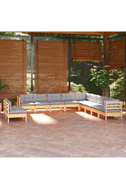 vidaxl Set mobilier gradina cu perne, 11 piese, gri, lemn masiv pin