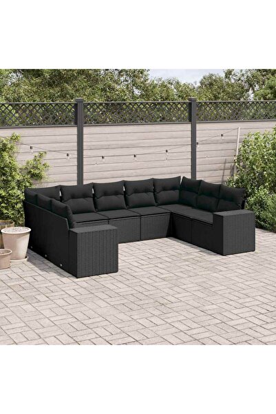 vidaxl Garden furniture set with cushions, 9 pieces, black, polyrattan
