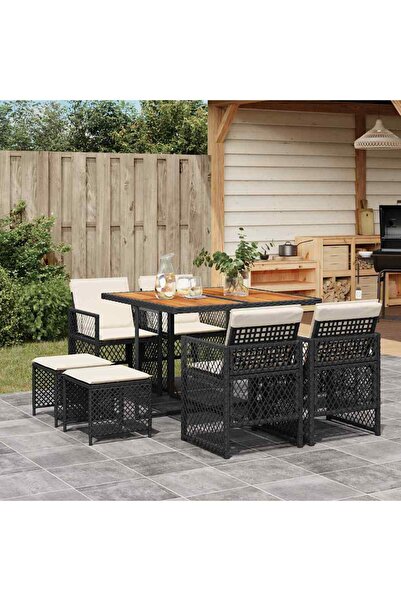vidaxl Garden furniture set with cushions, 9 pieces, black, polyrattan