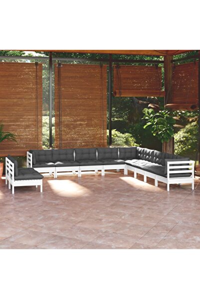 vidaxl Set mobilier gradina cu perne, 11 piese, alb, lemn masiv pin