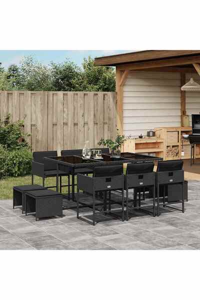 vidaxl Outdoor furniture set with cushions, 11 pieces, black, polyrattan