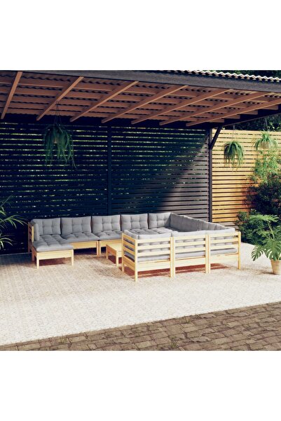 vidaxl Set mobilier gradina cu perne, 12 piese, gri, lemn masiv pin