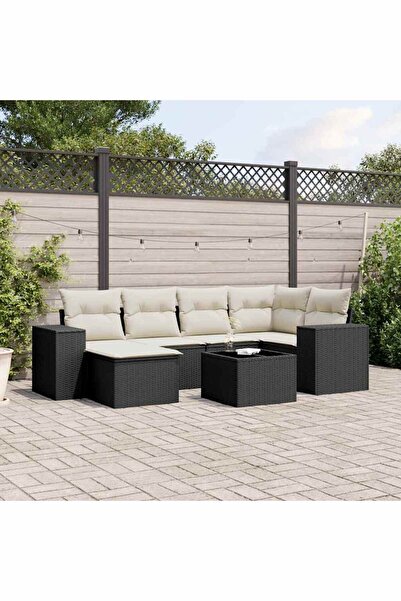 vidaxl Garden sofa set with cushions, 7 pieces, black, polyrattan