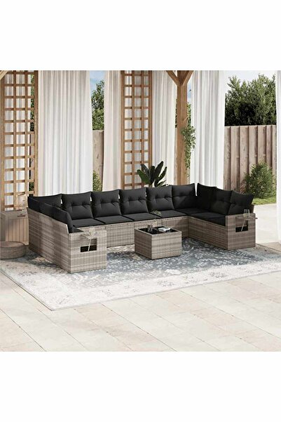 vidaxl Garden sofa set with cushions, 11 pieces, grey, polyrattan