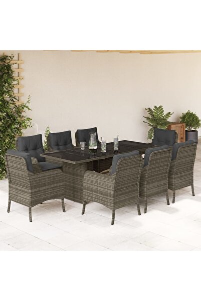 vidaxl Garden furniture set with cushions, 9 pieces, grey, polyrattan