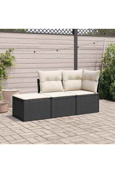 vidaxl Garden furniture set with cushions, 3 pieces, black, polyrattan
