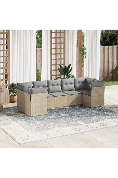vidaxl Set canapele de gradina, 7 piese, cu perne, bej, poliratan