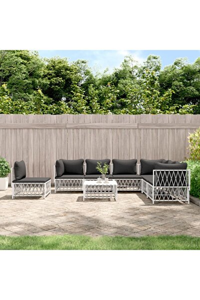 vidaxl Set mobilier de gradina, 8 piese, cu perne, alb, otel